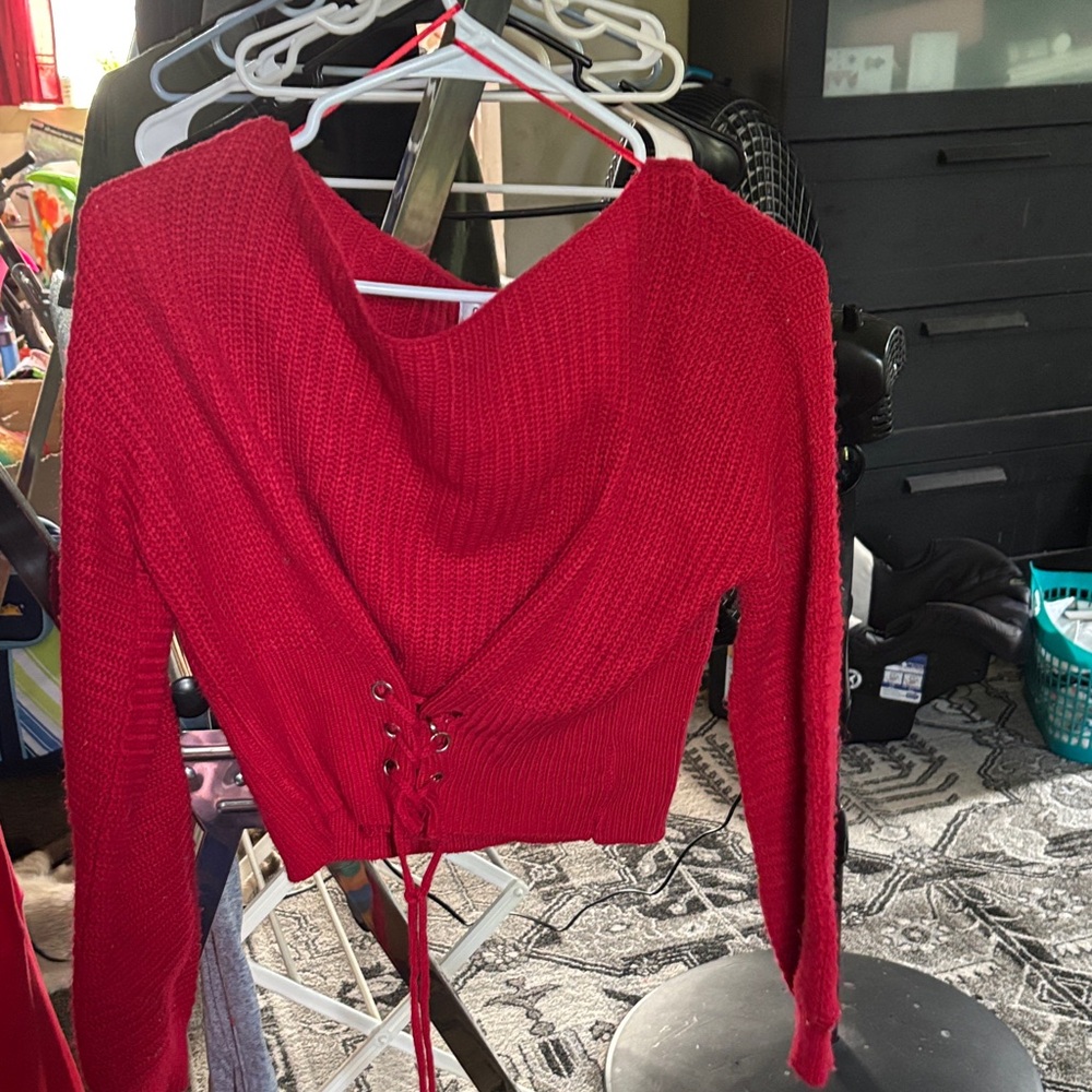 Women’s Red Lace-Up Scoop Neck Sweater